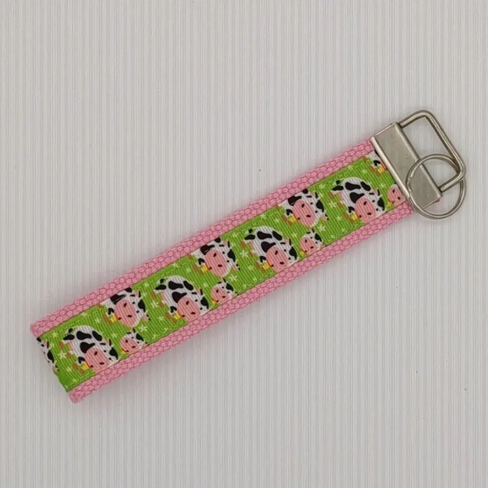 Cow Keychain Wristlet Fabric Key FOB Cotton Webbing Farm Animal Farmhouse‎ Gift